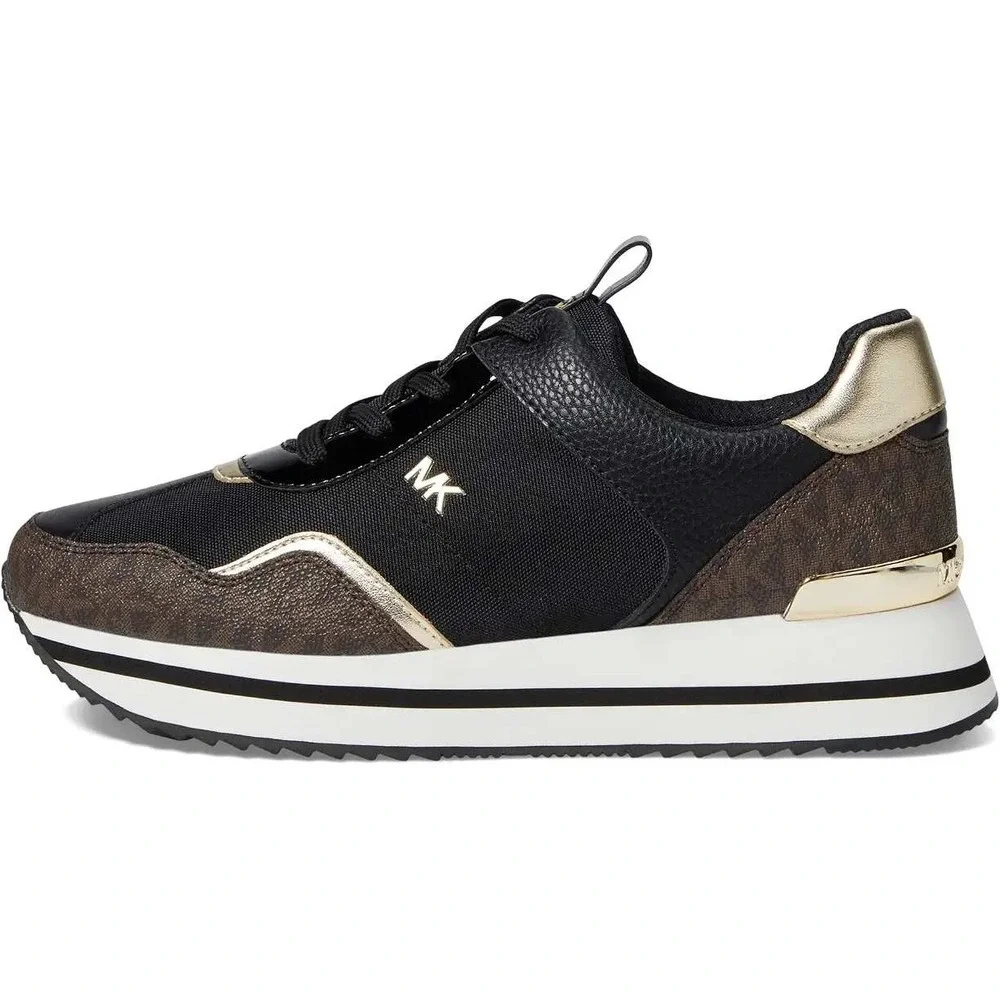 Michael Kors Raina Trainer Womens Black Gold Monogram Platform Sneakers Size 9